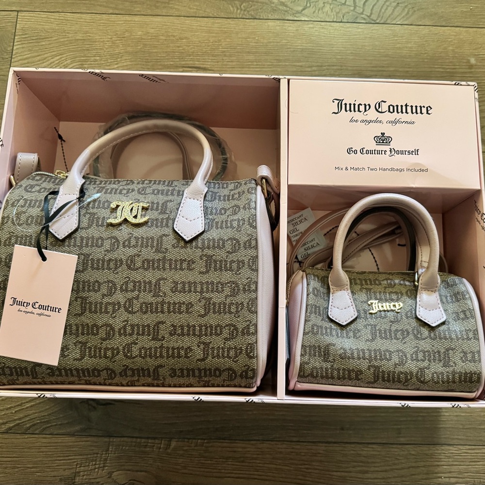 Juicy Couture Beige Monogram Satchel Set with Pale Pink Trim
